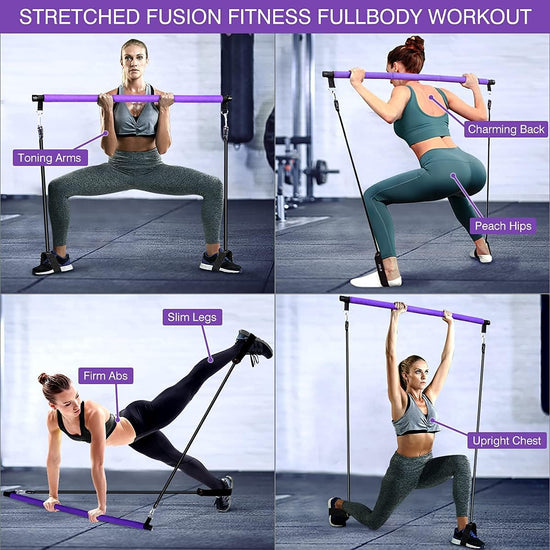 Portable Pilates Exercise Bar Kit with Adjustable 20 and 30 Pound Resistance Bands & Travel Bag for Use at Home, Gym, Office, or Travel, Purple